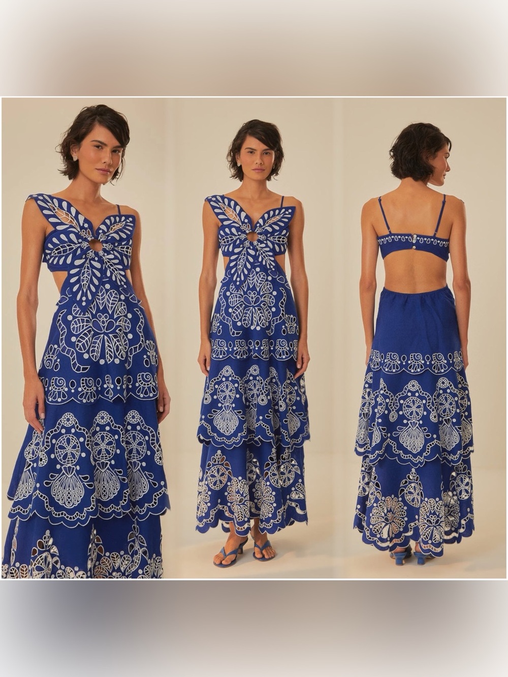 Farm Rio Blue Flower Richelieu Embroidered Tiered Maxi Dress